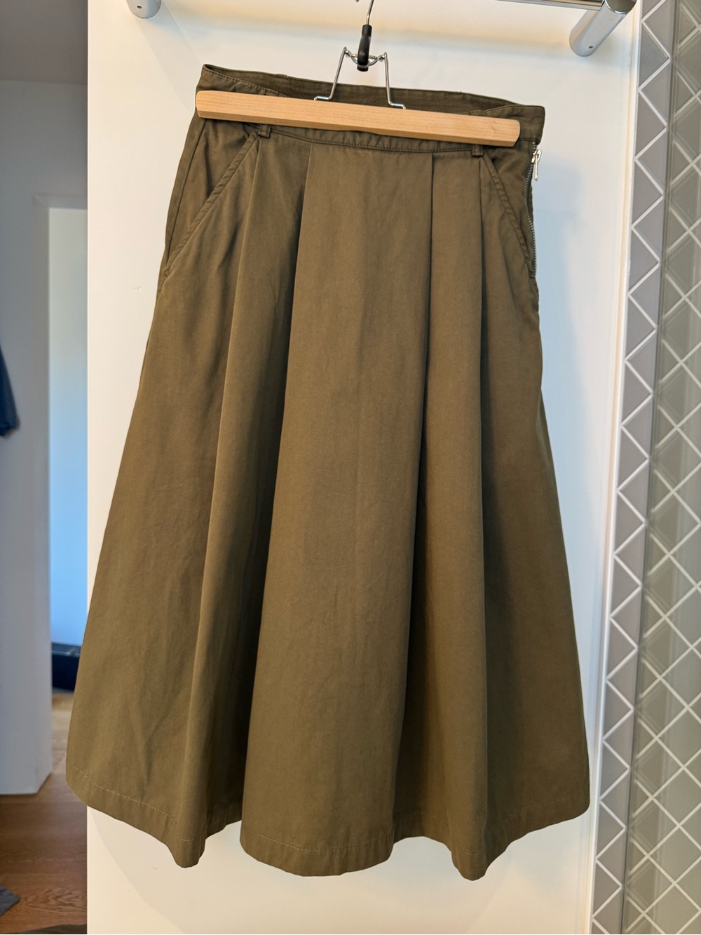 YMC You Must Create Pleated A-Line Midi Skirt in Olive Green
